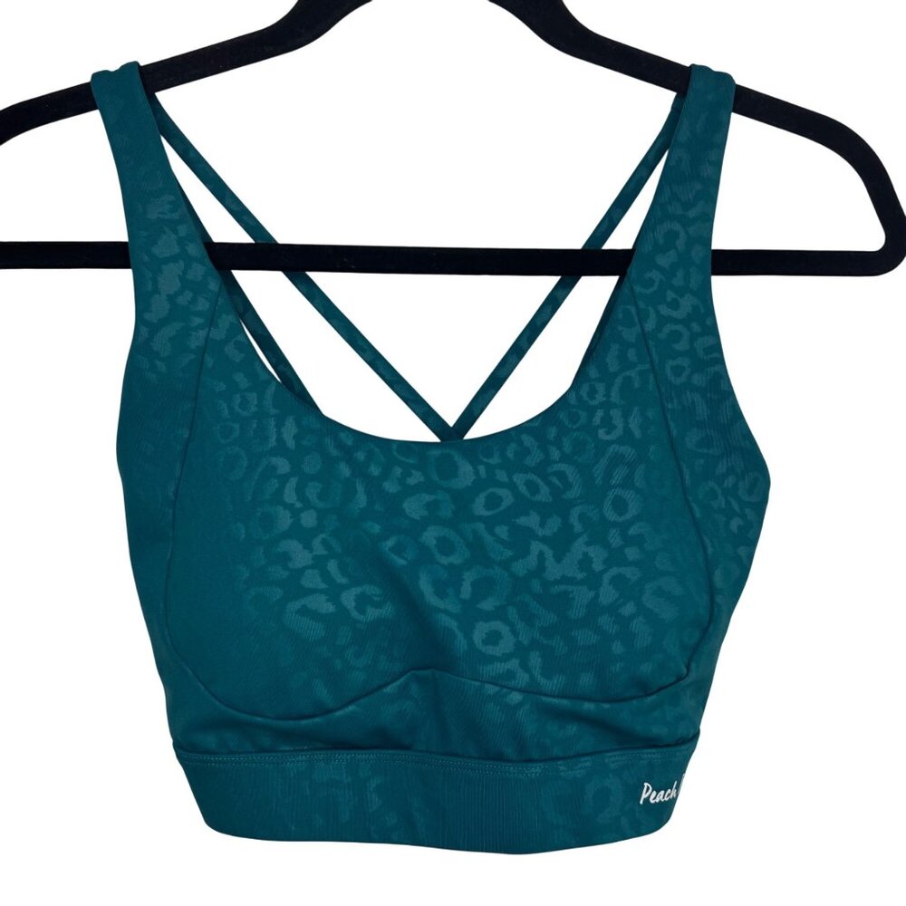 Peach Perfect Teal Leopard Print Crisscross Adjustable Sports Bra Women SZ L